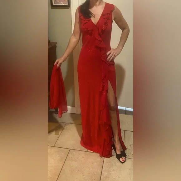 St. John Evening By Marie Gray Santana Long Dress with Paillettes and Scarf - Picture 2 of 15